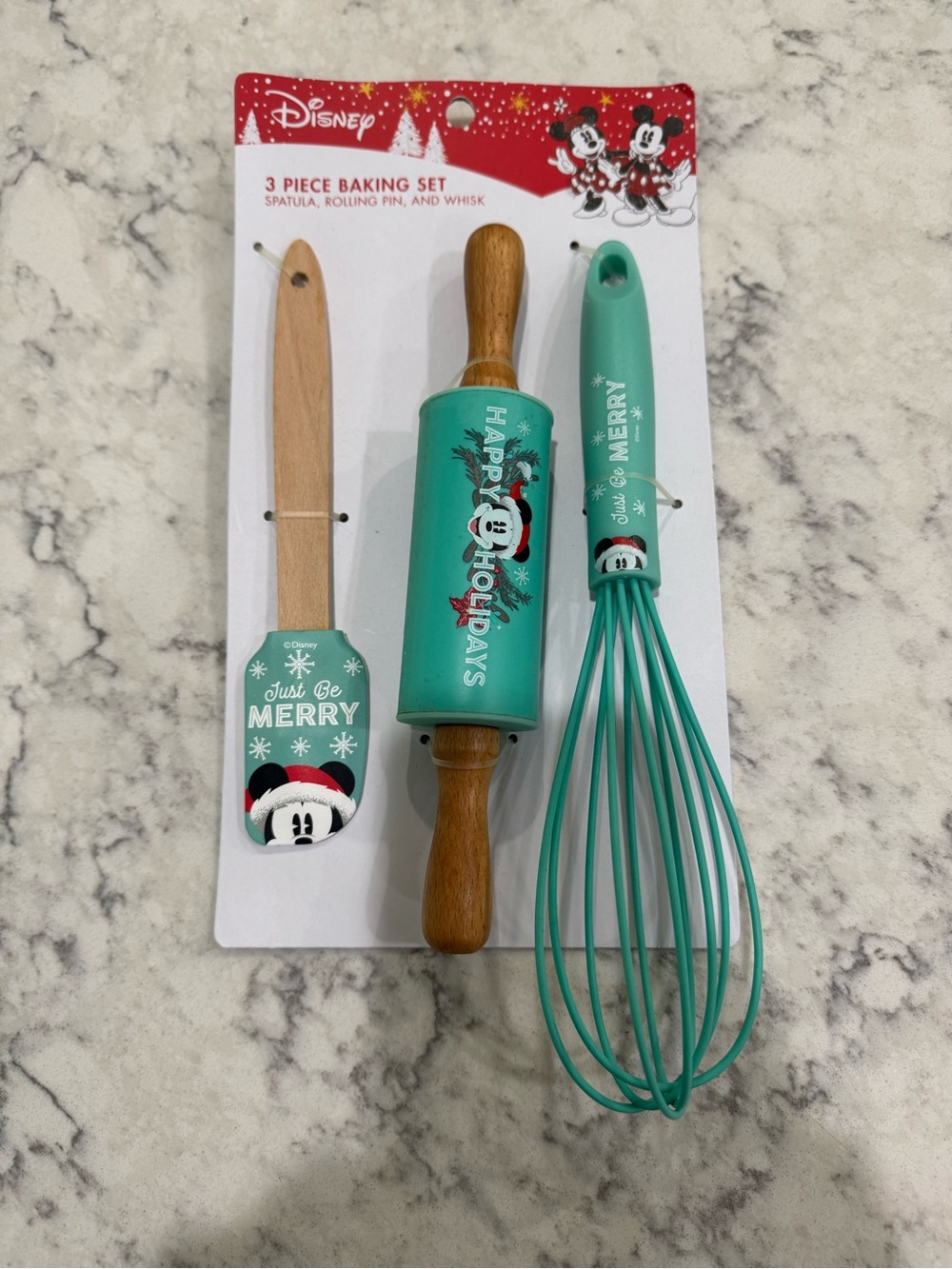 Disney Teal Holiday Mickey 3-Piece Baking Set - Spatula, Rolling Pin & Whisk NWT